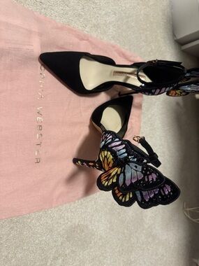 Sophia Webster Black Pointed-Toe Heels with Multicolor Butterfly Embellishments